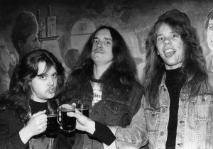 UNSPECIFIED - FEBRUARY 11: Photo of James HETFIELD and METALLICA and Lars ULRICH and Cliff BURTON; L-R: Lars Ulrich, Cliff Burton, James Hetfield - posed, drinking beer, (Photo by Pete Cronin/Redferns)