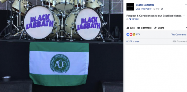 BLACK SABBATH: Τιμούν την CHAPECOENSE με σημαία της άτυχης ποδοσφαιρικής ομάδας πάνω στη σκηνή!